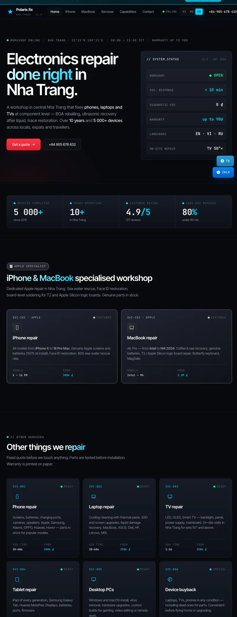 Polaris Fix — electronics repair workshop website, Nha Trang